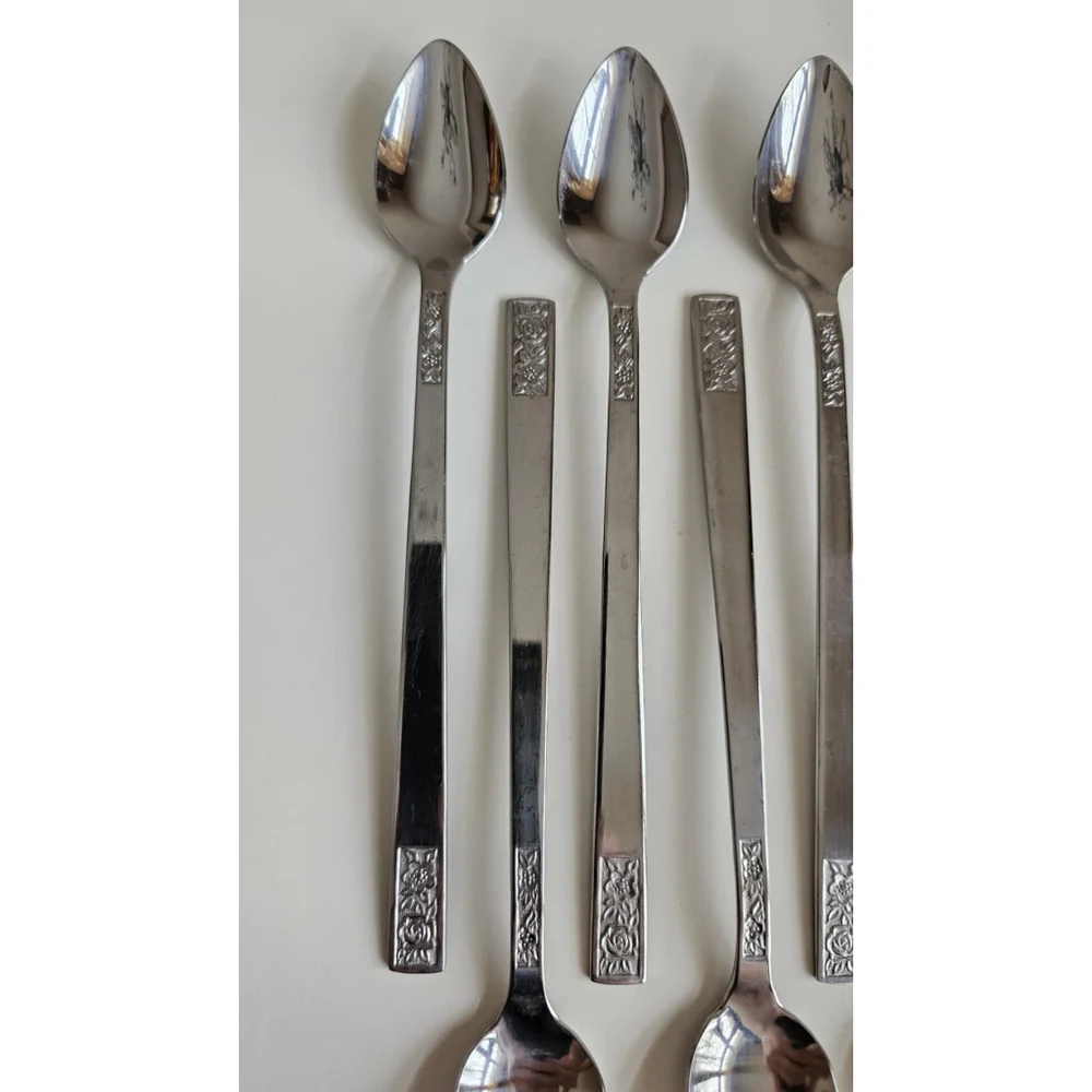 Customcraft Set of 6 Iced Tea Spoons & Serving Fork Stainless Flatware Floral